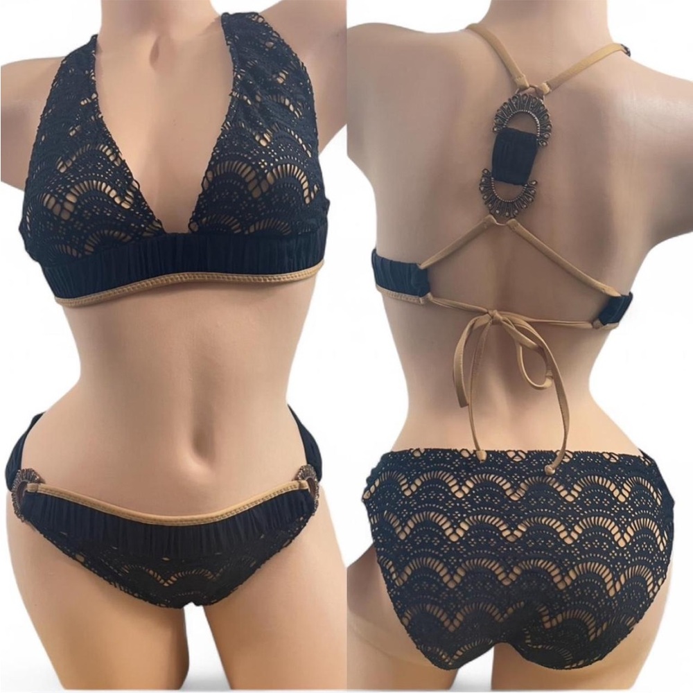 Betsey Johnson Bikini 2 Piece Set Black Over Tan Lace Jeweled